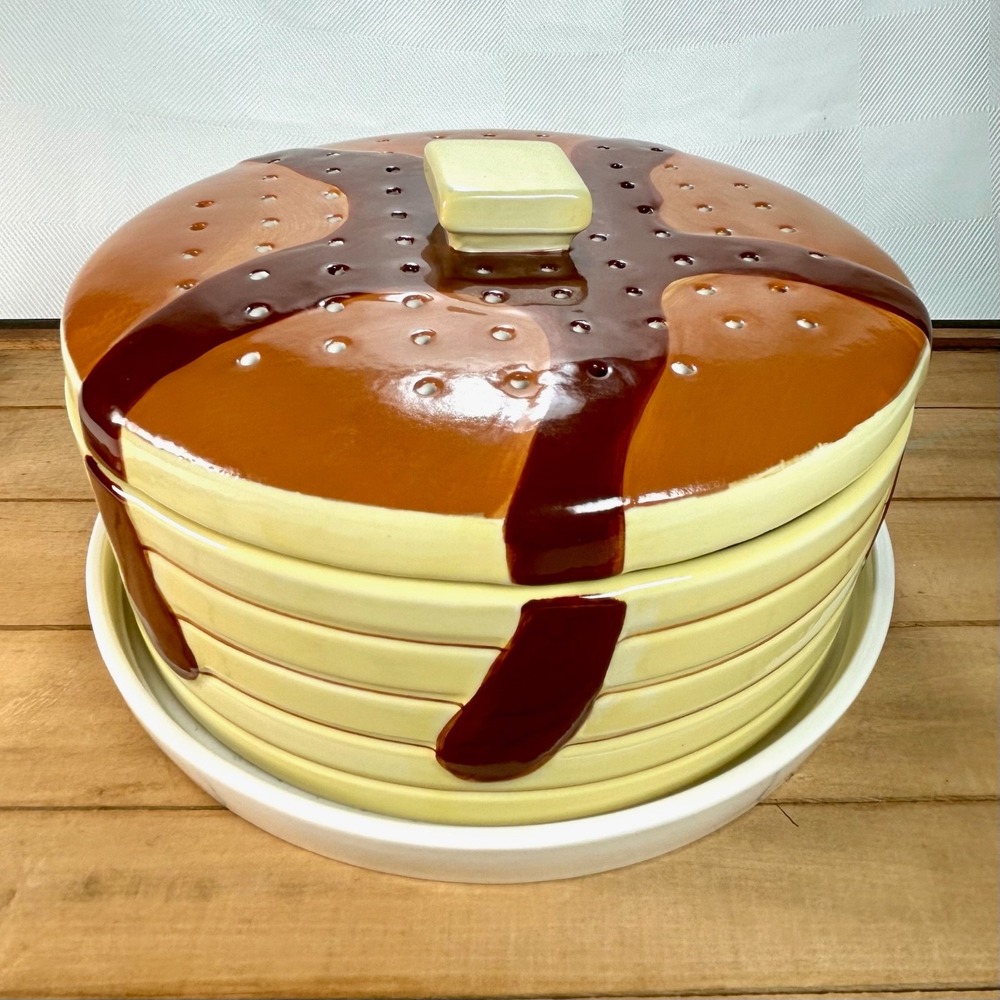 VTG Ceramic Pancake Warmer - Stack Of Pancakes & Syrup w/ Butter Handle - Vented